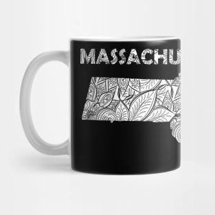 Mandala art map of Massachusetts with text in white Mug